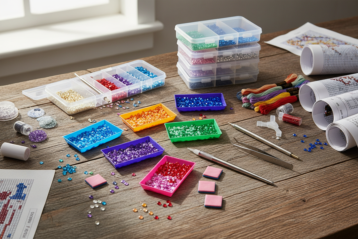 Realistic banner for Arts, Crafts & DIY: diamond painting kits and craft tools on a wooden table, bright natural light, clean layout, no people, no text.