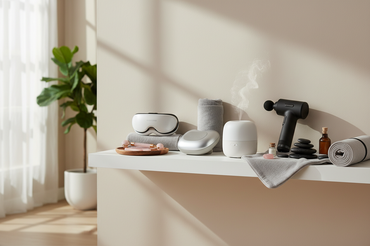 Realistic eβcommerce collection banner for Lifestyle & Personal Accessories showcasing wellness and personal care items such as eye massagers, abdominal massager, relaxation tools and similar accessories.
Arrange products in a bright modern home setting (living room or wellness corner), with natural lighting, clean neutral background, realistic textures, and soft shadows.