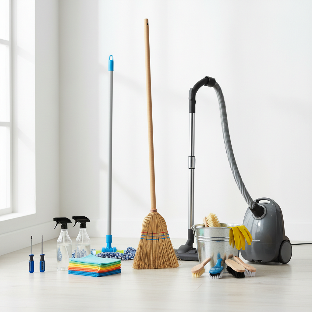 Realistic e-commerce image of Home Cleaning & Maintenance Tools: broom, mop, vacuum, microfiber cloths, spray bottles, scrub brushes, bucket, gloves, screwdriver, wrench.
Bright, tidy home interior, natural light, realistic textures, clean layout, no people, no text, no logos.