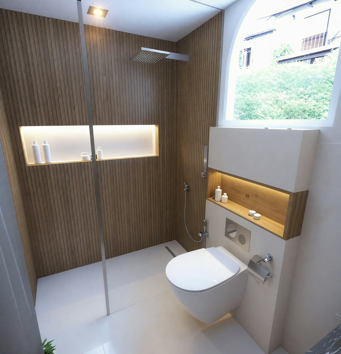 A modern bathroom with wood and sleek design.