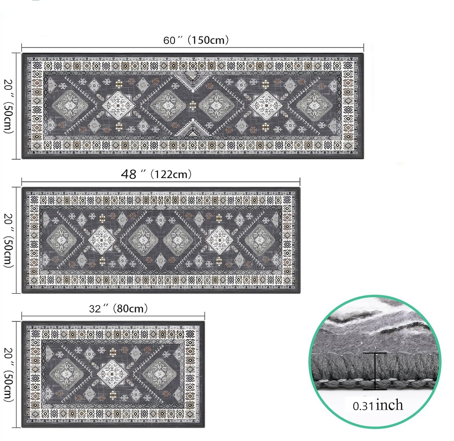 Boho Kitchen Rug Set - 3 Pieces