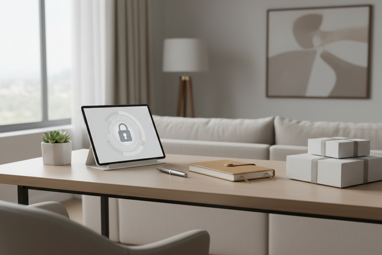 A modern lifestyle brand image that conveys trust, security, and confidence in online shopping. Clean and minimalist home or workspace setting with soft natural lighting, neutral colors (white, beige, light gray), and a calm premium atmosphere. Subtle elements suggesting reliability and quality, such as organized spaces and high-quality materials. No people, no text, no logos. High-resolution, realistic, professional e-commerce style