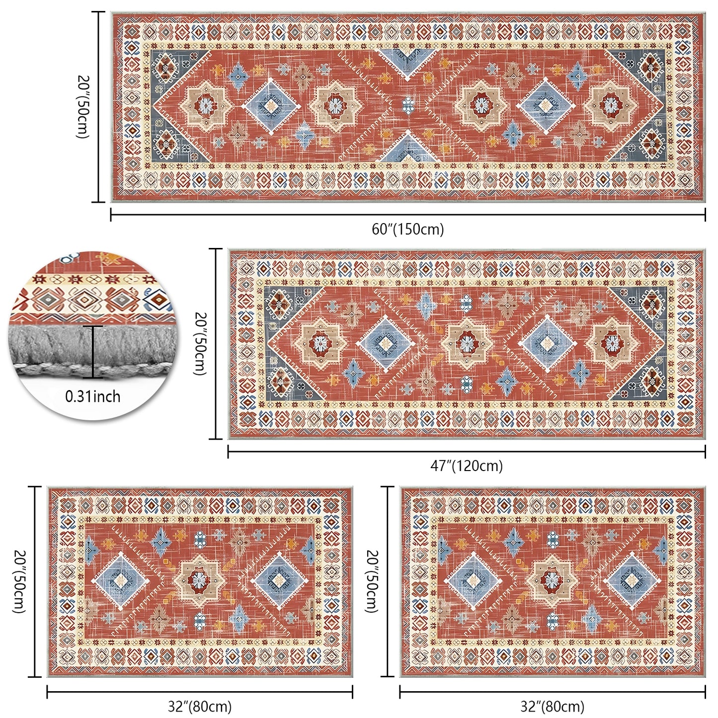 Boho Kitchen Rug Set - 4 Pieces
