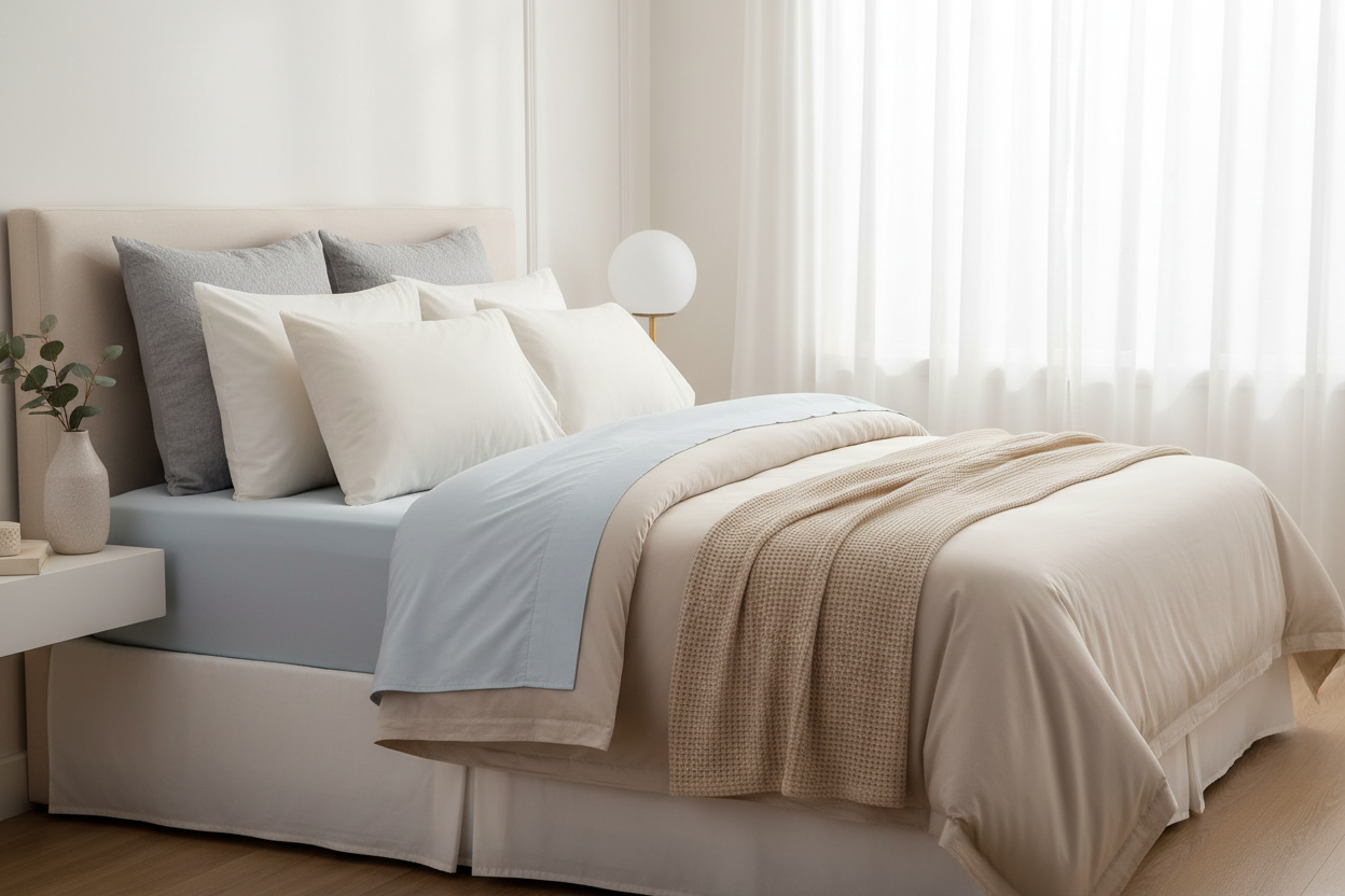 Clean and cozy collection cover image for an online store. A modern bedroom with a neatly made bed featuring bedding sets and comforters. Soft layered pillows, smooth duvet, and elegant sheets arranged symmetrically. Neutral and calming colors such as white, beige, soft gray, and light pastel tones. Bright natural daylight, minimalist décor, no people, no text, no logos. Professional high-resolution e-commerce style, perfect for a Shopify collection featured image.