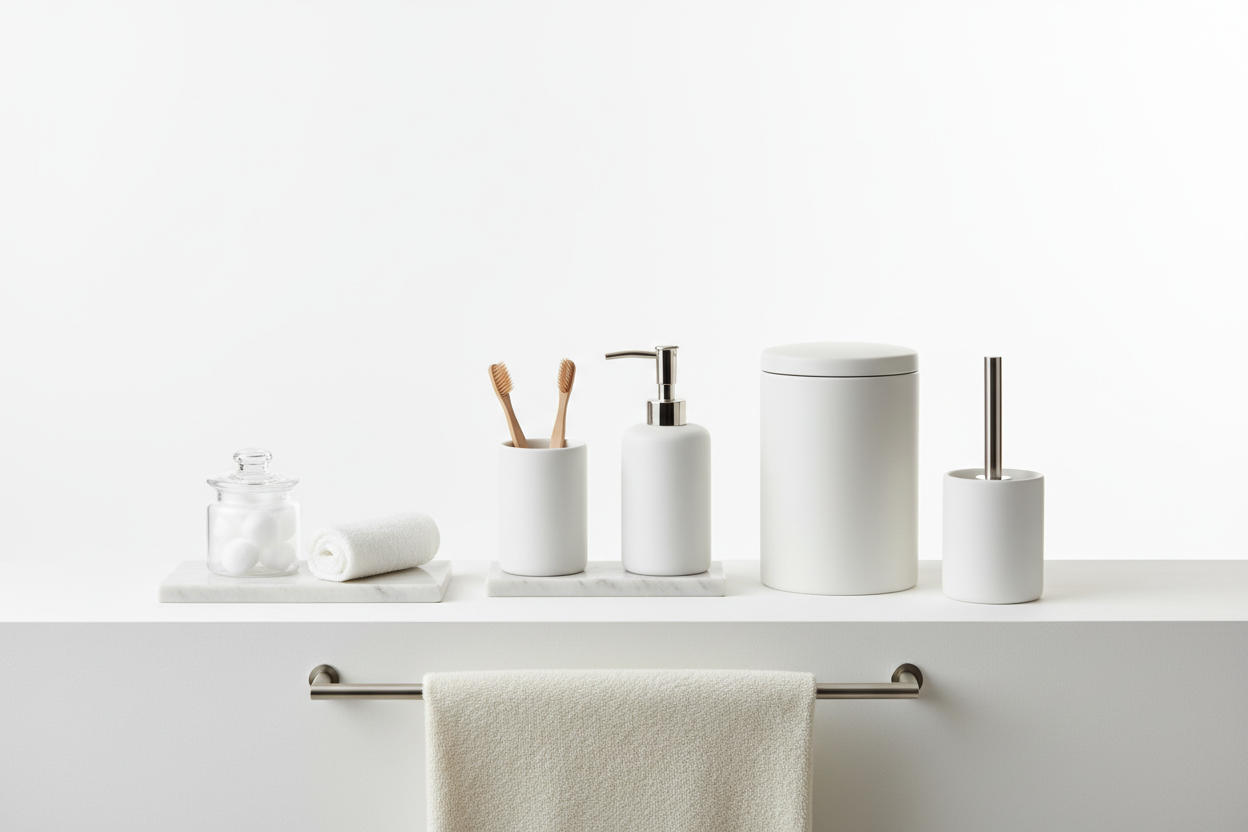 Minimalist bathroom accessories image with a white background, soft lighting, and well-organized accessories. Focus on cleanliness, functionality, and modern home living. Professional Shopify collection style.