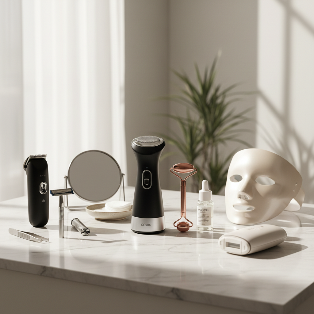 Premium lifestyle image of personal care devices including grooming and skincare tools, displayed on a marble or clean wooden surface. Soft shadows, elegant lighting, modern and minimal design, conveying luxury, cleanliness, and daily self-care routine. High-end e-commerce aesthetic.