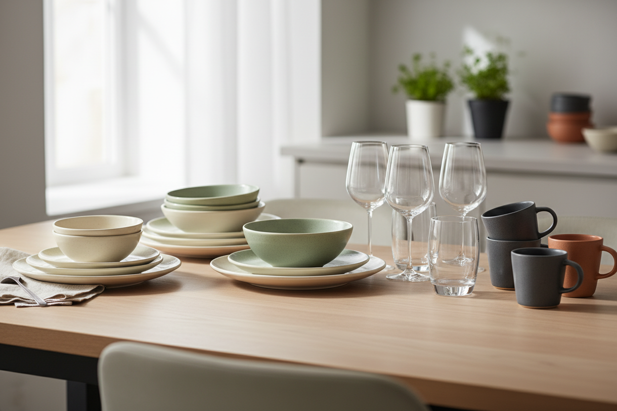 Realistic e-commerce collection banner for Dinnerware & Drinkware.
Feature elegant plates, bowls, glasses, mugs, and ceramic cups arranged neatly on a dining table or kitchen counter with natural light, realistic textures, and soft shadows.
Clean, minimalist layout, no people, no text, no logos. Professional and refined look suitable for a Shopify collection page.